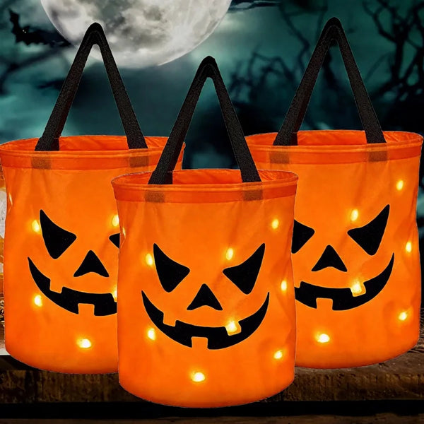 1-20PC LEDLight Up Halloween Pumpkin Candy Tote Bag Basket for Kids Trick or Treat Party Bucket for Holiday Event Decoration Use