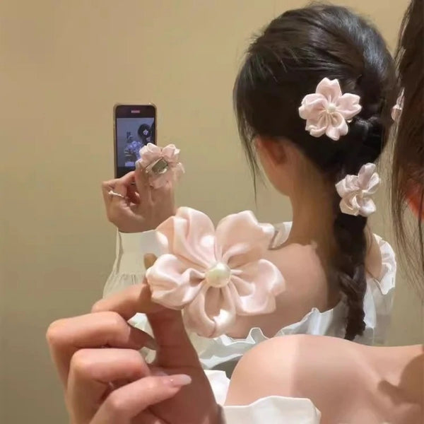 Elegant Pink Floral Pearl Hair Clips Women Girls Satin Hairpins Cute Daily Wear Headpiece Party Wedding Flower Hairpins Headwear